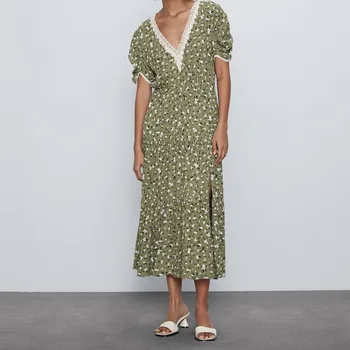

ZA Print Summer Dress Women 2020 Short Sleeve Elastic Waist Flounce Hem Female Elegant Lace Applique Midi Dresses Vestidos