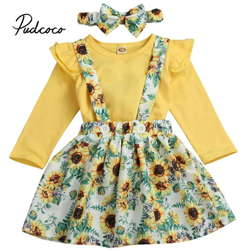 Осенняя одежда для девочек с изображением подсолнуха топ с галстуком-бабочкой юбки на подтяжках костюм с повязкой на голову для малышей, наряды для девочек детей Костюмы комплект От 1 до 3 лет