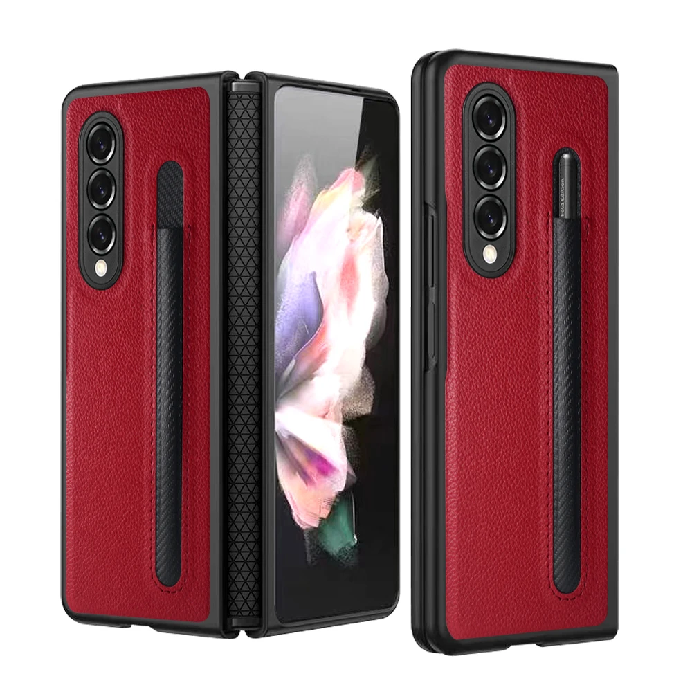 Leather Lychee Pattern With Pen Holde Cover For Samsung Galaxy Z Fold 3 5G Case TPU+PC Shockproof Phone Case Coque Funda No Pen galaxy flip3 case