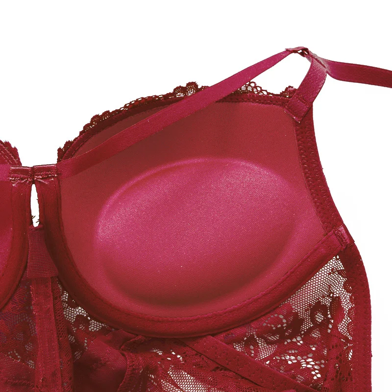 Sexy Body Women Push Up Strappy Cup Underwire Hollow Out Back Floral Pattern Bodysuit Women Lingerie Bra with Openable Crotch
