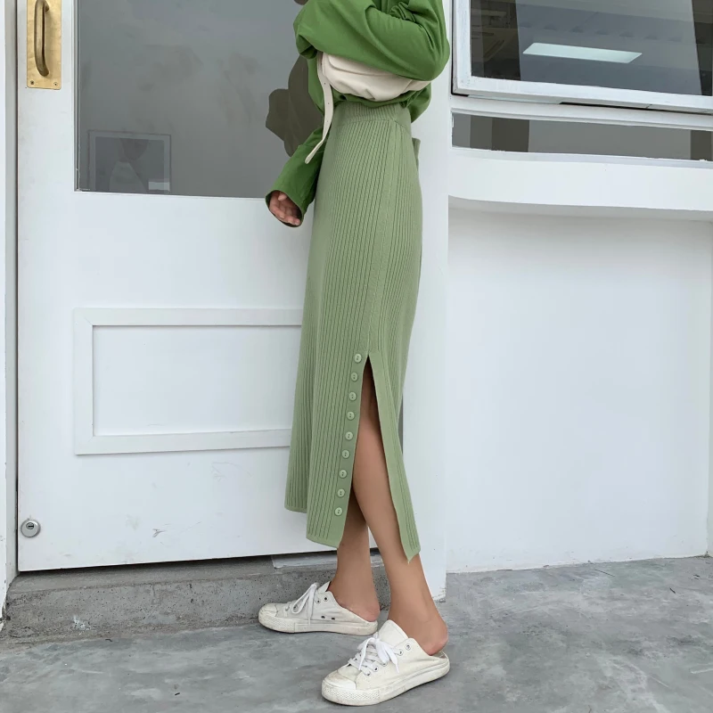 Casual Warm Knitted Autumn Winter Skirts Womens Solid Side Single Breasted High Waist Korean Long Skirts For Women Workwear