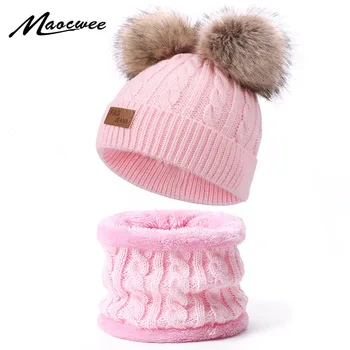 

Winter Crochet Warm Scarf Hat Sets For Children With Faux Fur Pom Pom Solid Color Cute Beanies Hats Ring Scarf Set For Girl Boy