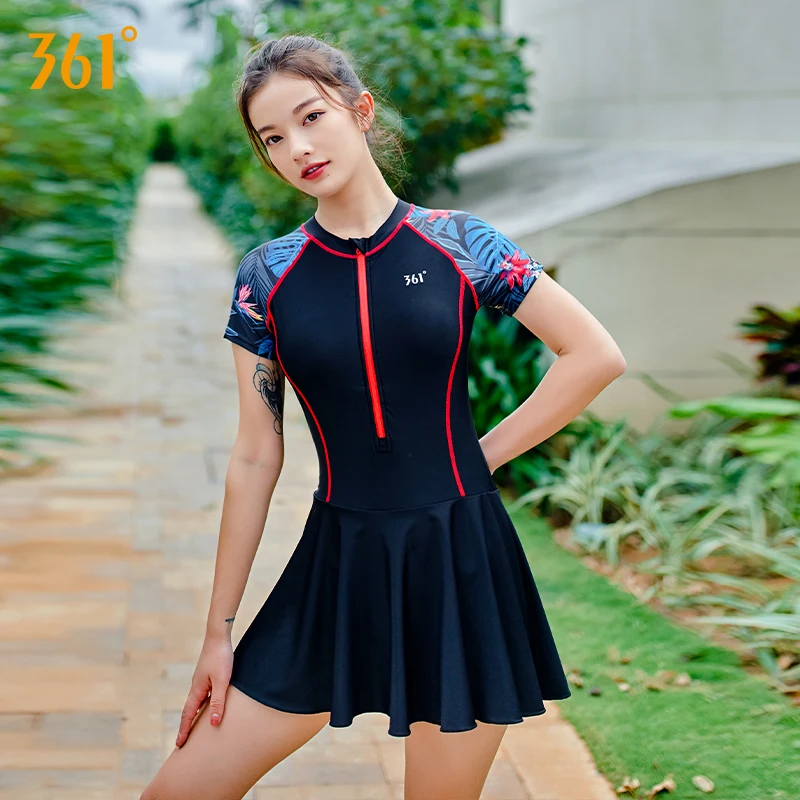 361 Swimsuit Female Summer 2021 One Piece Swim Skirt Short Sleeve Women Swimwear Swim Dress Zipper Stripe Rash Guard