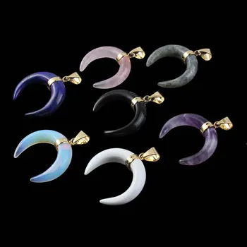 

European and American fashion quartz caystal stone crescent Horn /moon style Pendant sweater chain pendant for gift