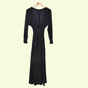 

19 Temperament V Collar Elegant Sequins Lu Back Long Sleeve Irregular Dress 93211