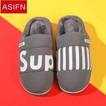 ASIFN Male Slippers with Fur Indoor Cotton Winter Men Waterproof Non-slip Warm Home Half-pack Female Slippers Couple