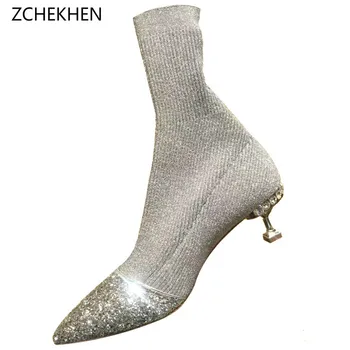 

Luxury Design Fashion Ankle Elastic Sock Boots High Heels Women Diamond Bling Sexy Z Booties Pointed Toe Women Pump