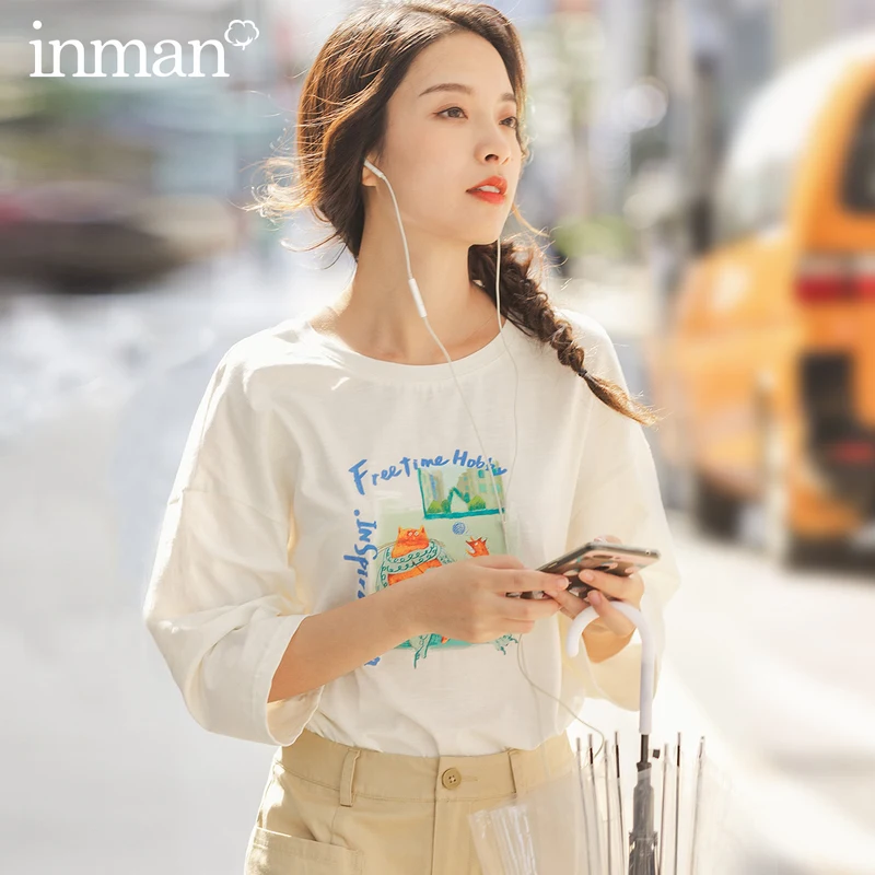 

INMAN White T-Shirt 2020 Spring New Arrival Arty Causal Round Collar Interesting Cat Pattern Comfortable Cotton T-Shirt