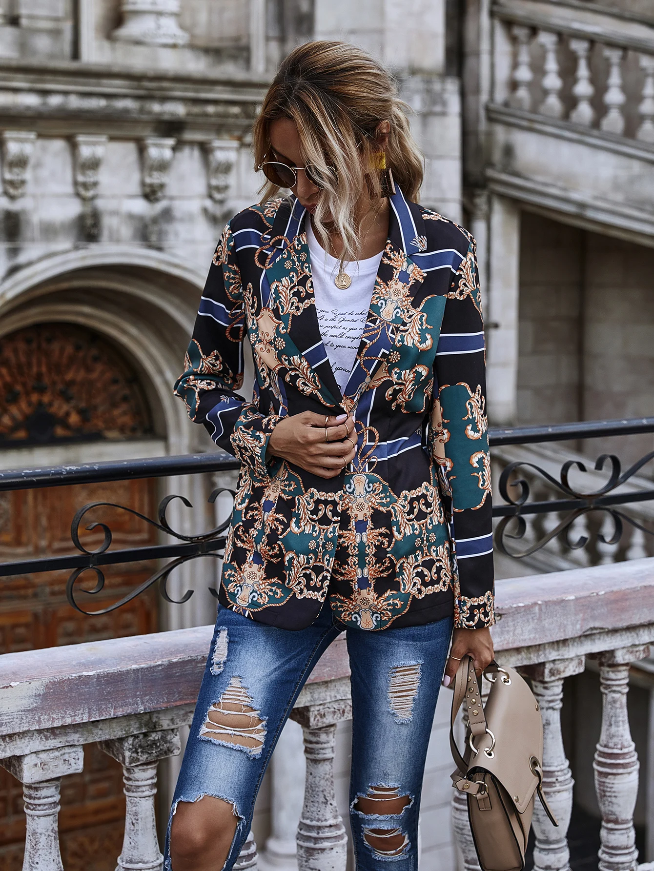 2020 new ladies lapel retro print slim fit blazer women long sleeve single breasted top