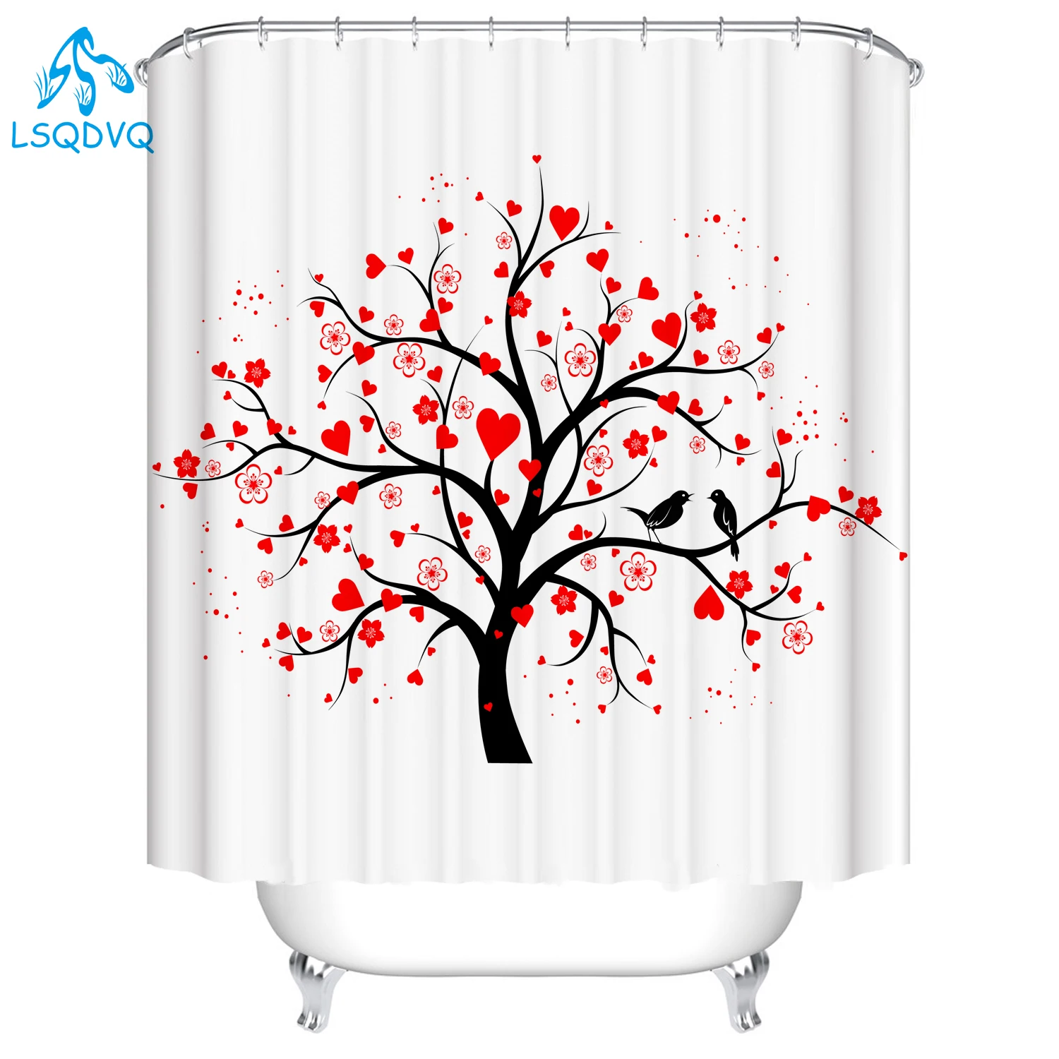 Valentine's Day Pink Red Tree Love Bathroom Shower Curtain Frabic