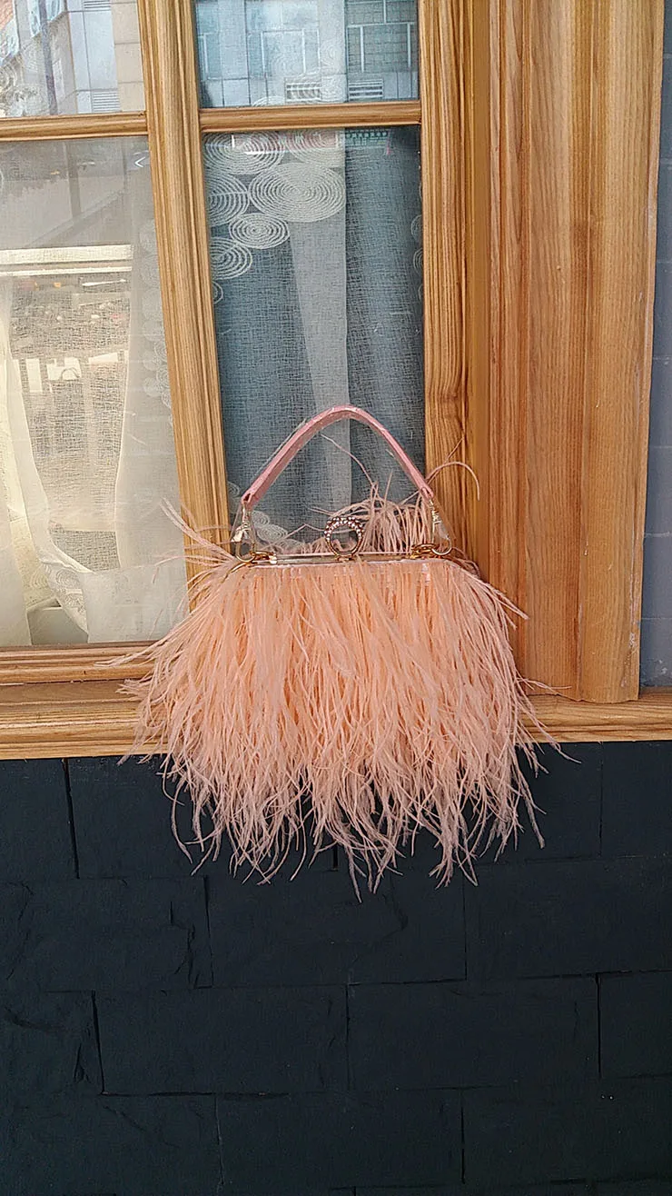 2022 Luxury Ostrich Feather Party Evening Clutch Bag Women Wedding Purses and Handbags Small Shoulder Chain Bag Designer Bag