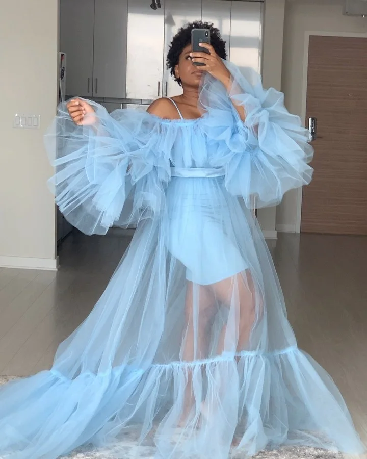 Sky Blue Women Puffy Sleeve Tulle Dresses Strapless Long Sleeve Sheer Tulle  Dress Plus Size With Wasit Band Women Maxi Wear - Dresses - AliExpress