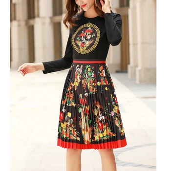

Long Sleeve O Neck Dress 2019 Autumn Women Knitted Stitching Pleated Dress Office Lady Print Black Knee Length Dress