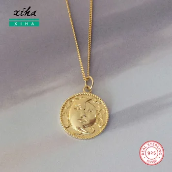 

Gold Color Sun and Moon Necklace Round 925 Sterling Silver Boho Statement Pendant Necklace for Women 2020 Chunky Jewelry