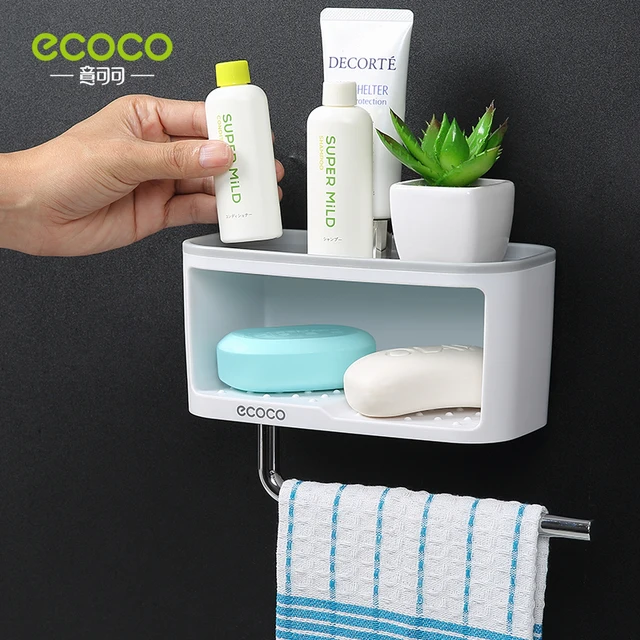 ECOCO Bathroom Shelf Wall Mounted Toilet Soap Dish Bath Shower Set Shampoo Holder Towel Bar Punch Free Hanger Accessories Basket 6