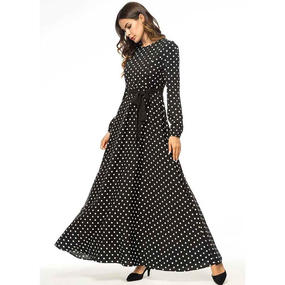 Autumn Female Fashion Polka Dots Vintage Dresses Elegant Pullover Ankle-Length Plus Size 3XL 4XL Middle Eastern Muslim Robe
