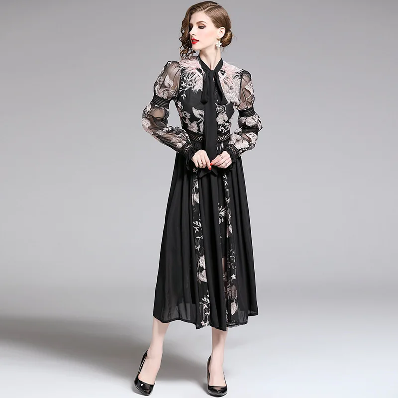 

Europe And America Feminine Chiffon Dress 2019 WOMEN'S Dress Korean-style Elegant Belly Covering Floral Lace Long Skirts