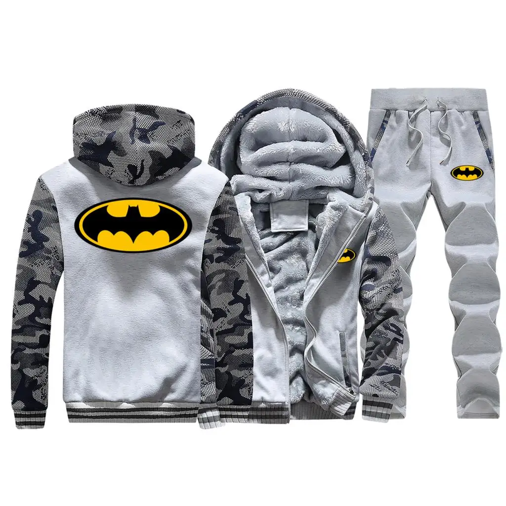 Light Gray DC супергерой Бэтмен, мужские теплые комплекты, модная уличная одежда, толстый костюм, толстовки на молнии, толстовка+ спортивные штаны, мужские комплекты из 2 предметов, спортивный костюм - Цвет: Light Gray