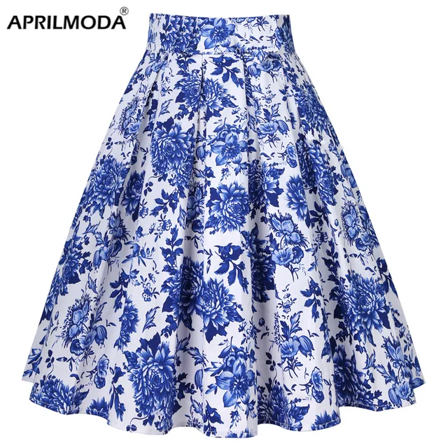 50s Vintage Floral Pleated Skirts: White-Blue, Korean Punk
