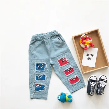 

Tonytaobaby Autumn Boys and Girls Jeans Cute Cartoon Color Contrast Hole Cotton Pants