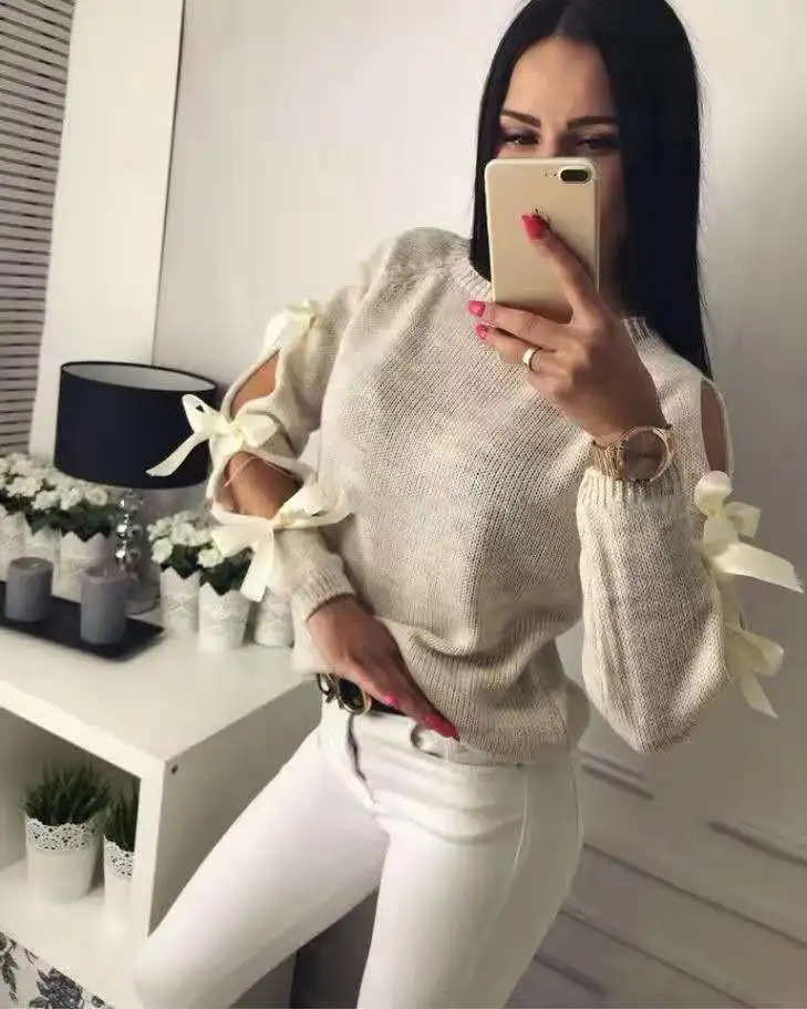 Women Sweater Autumn Winter Knitted Long-sleeved cutout sweater Hollow bow round neck solid sweater Loose Cotton Tops Pullovers Women Sweater Autumn Winter Knitted Long-sleeved cutout sweater Hollow bow round neck solid sweater Loose Cotton Tops Pullovers