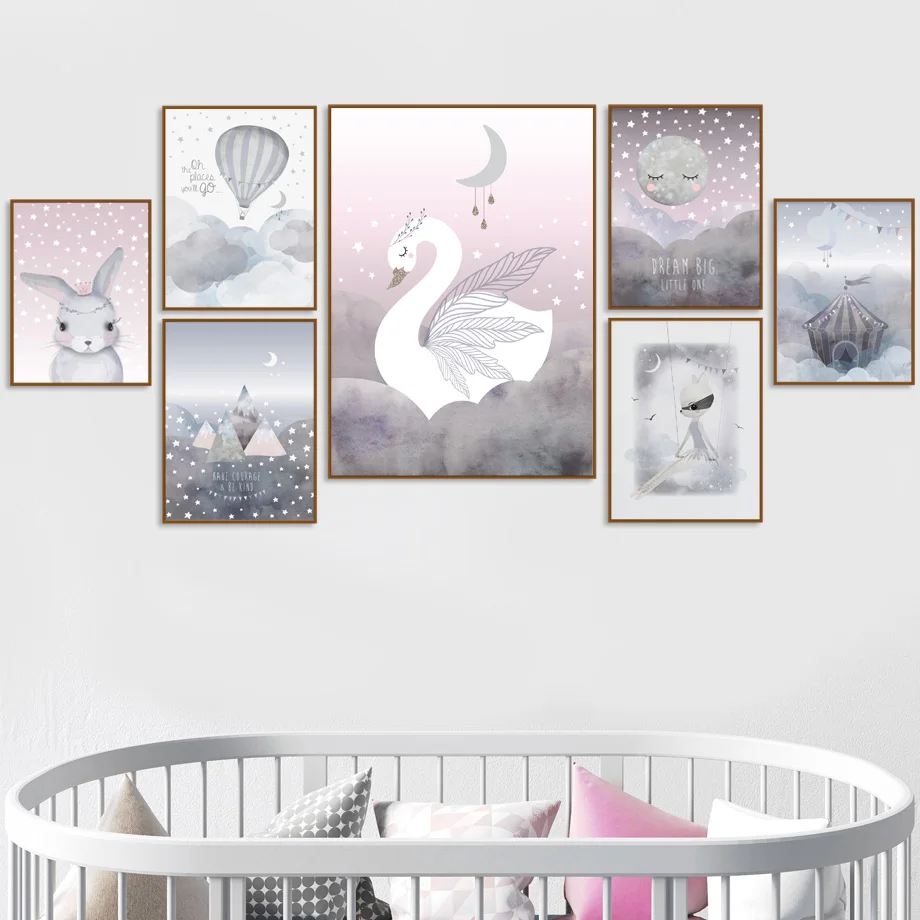 

Pink Swan Rabbit Moon Mountain Nursery Wall Art Canvas Painting Nordic Posters And Prints Wall Pictures Girl Boy Kids Room Decor