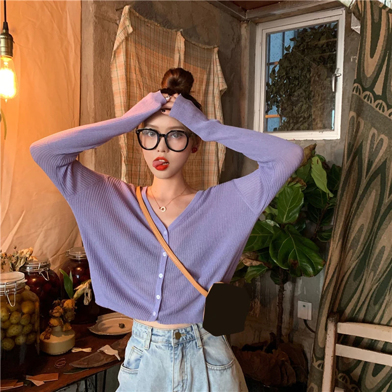 iClosam Women Knitted Buttons Cropped Cardigan Sweater Vintage Purple V Neck Short Knitwear Female Casual Long sleeve Jumper Top |