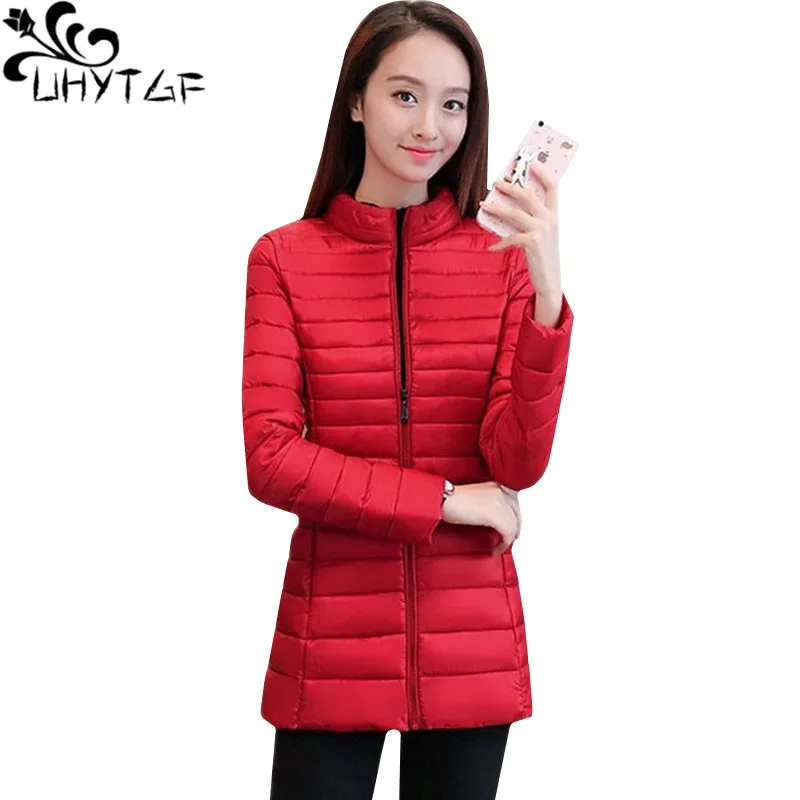 

UHYTGF Women down jacket fashionThin light Down cotton winter parka female zipper Slim 4XL plus size outerwear parkas mujer 207