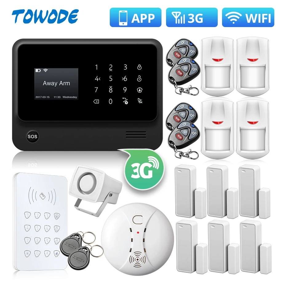 

Towode WIFI 2G 3G GSM Wireless Home Security Alarm System RFID Keyboard Smoke Detector IP Camera Language Switchable