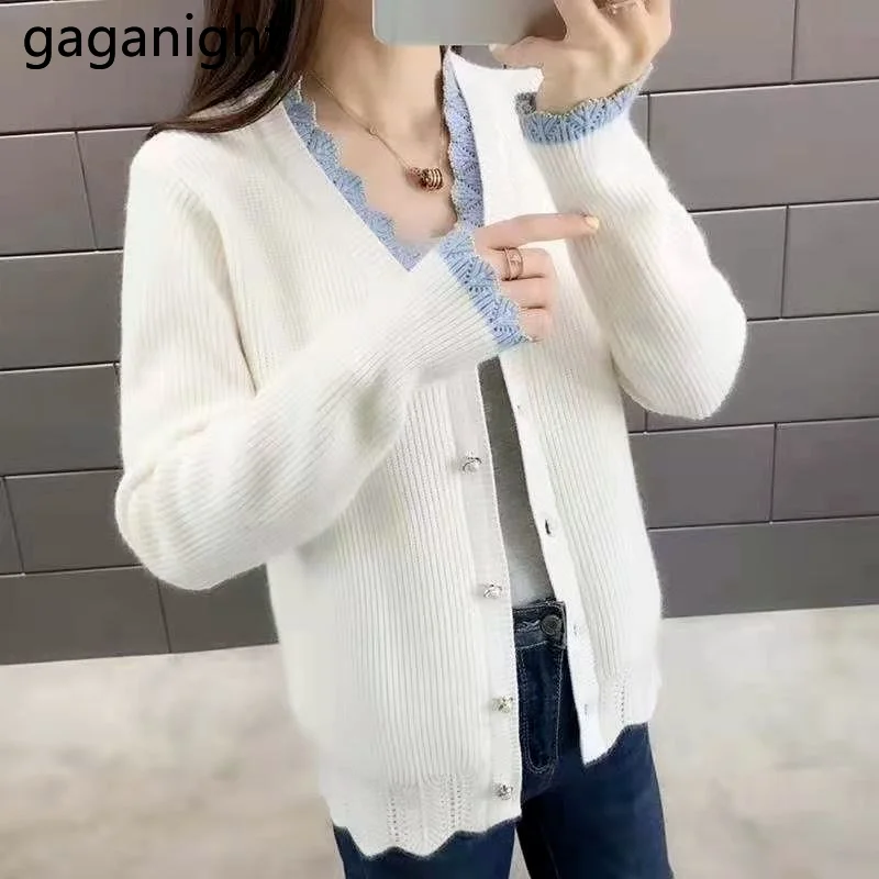 Gaganight Knitted Women Sweet Cardigan Autumn Winter Kawaii Japanese Outwear Tops Long Sleeves Fashion Lace Cardigans Solid Chic |