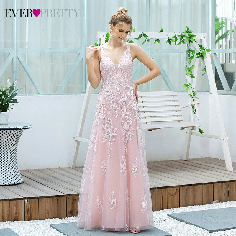 Pink Floral Lace Prom Dresses Ever Pretty A-Line Deep V-Neck Sleeveless Appliques Tulle Draped Long Party Gowns Vestido Festa