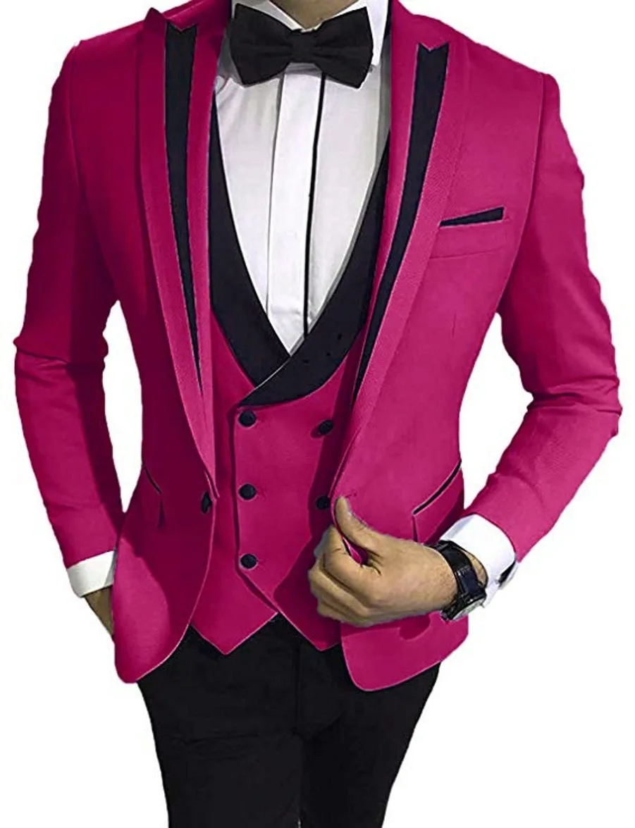 

Brand New Men Suits Hot Pink and Black Groom Tuxedos Peak Lapel Groomsmen 3 Pieces Set ( Jacket+Pants+Vest+Bow Tie ) D348