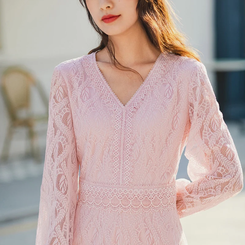 INMAN Spring New Arrival Literary Temperament V-neck Lace Hem Long Sleeve Dress