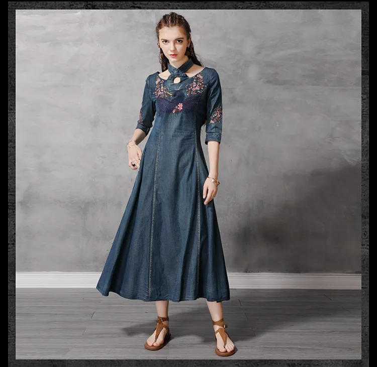 Ранняя осень стиль приталенная джинсовая юбка Cheongsam ретро вышитая рубашка с коротким рукавом платье Женская 82137