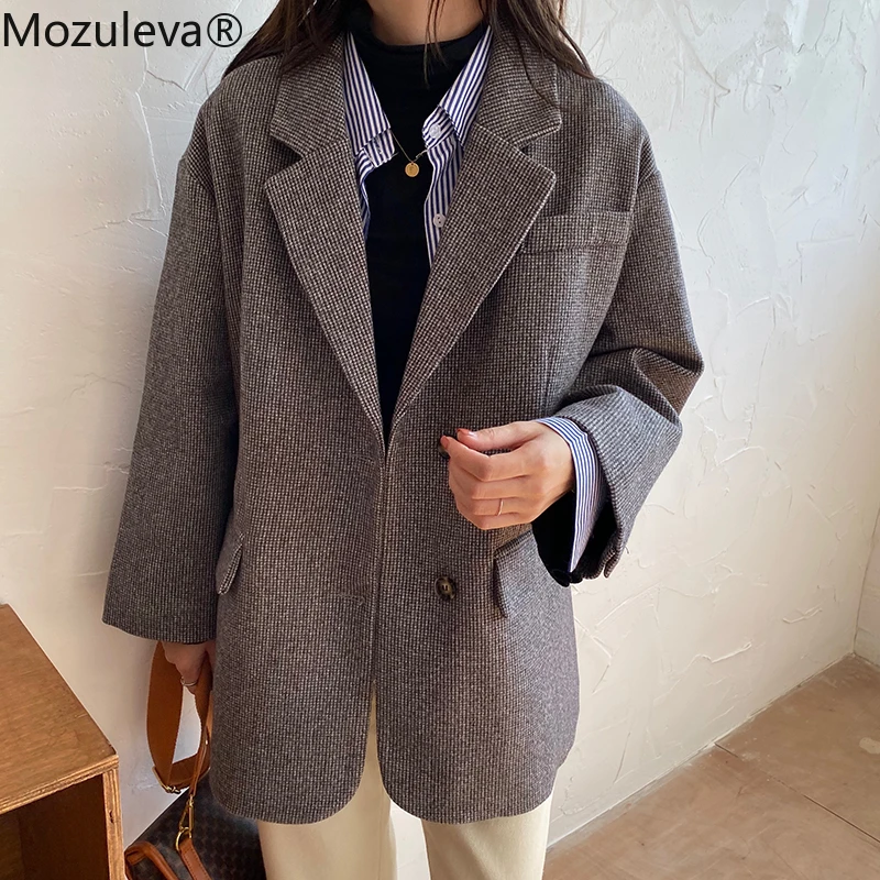 Mozuleva, винтажный свободный клетчатый костюм, куртка, пальто,, зима, отложной воротник, полный рукав, пуговицы, женские шерстяные пальто, Женский блейзер