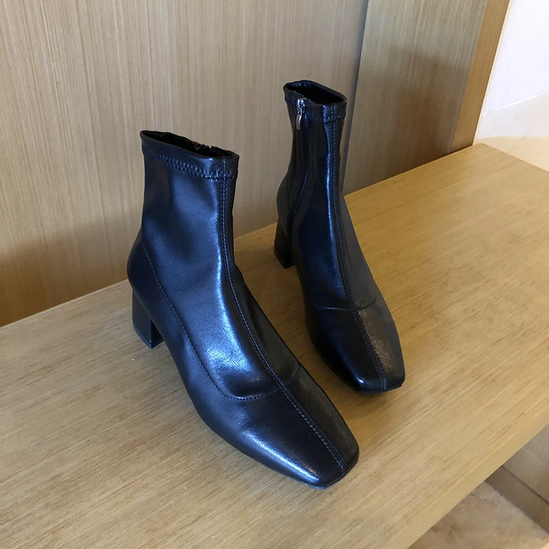 leather black Модные однотонные Ботинки martin из искусственной кожи и замши; женские ботильоны «Челси» на толстом каблуке, на молнии; эластичные тонкие короткие ботинки с квадратным носком; - Цвет: leather black
