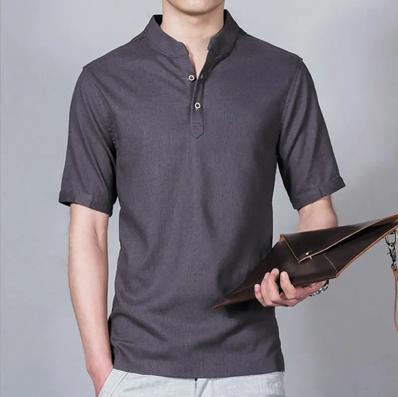dark grey Новые модные мужские рубашки с коротким рукавом, мужские повседневные льняные рубашки, мужские брендовые рубашки размера плюс 4XL 5XL с v-образным вырезом - Цвет: dark grey