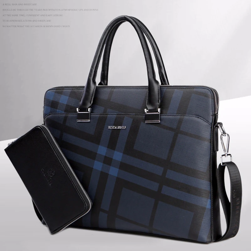 Новая мужская синяя клетчатая коричневая клетчатая сумка для ноутбука кожаная водонепроницаемая сумка мужская сумка через плечо портфель