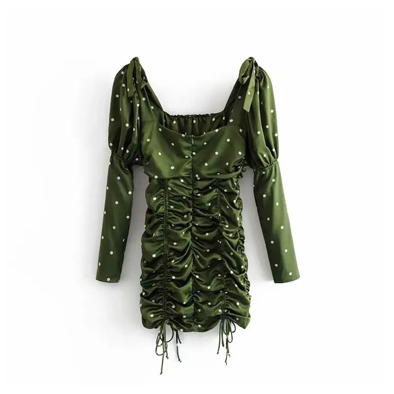 Летнее облегающее платье женское вечернее мини платье с длинным рукавом vestidos уличная Зеленое Шифоновое Платье С Рюшами в горошек платье