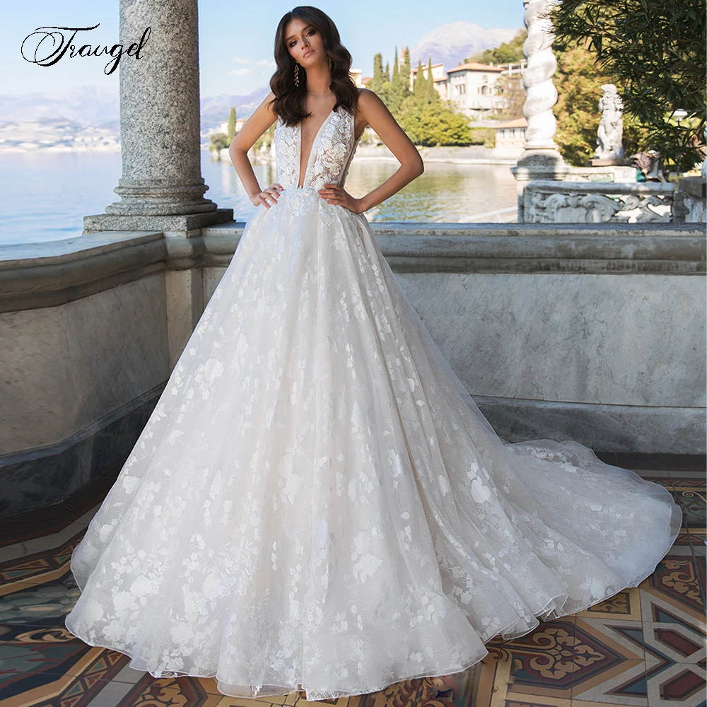 

Traugel O-Neck A Line Lace Wedding Dresses Delicate Applique Sleeveless Backless Bride Dress Court Train Bridal Gowns Plus Size