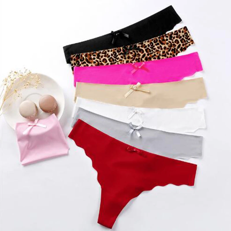 

Saisus Ice Silk Seamless Wavy Edge Sexy Thong Low Waist One-Piece Briefs Leopard Print Super Thin Women Underwear