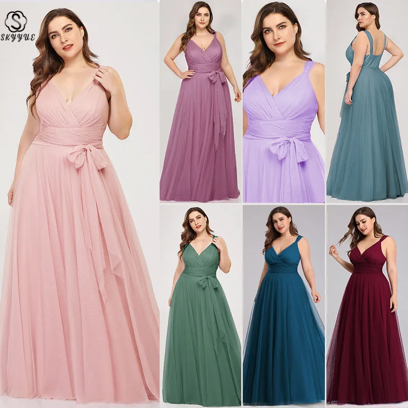

Skyyue Pleat Bow Sleeveless Robe De Soiree Formal Gowns 2019 Plus Size Sexy Double V-neck Evening Dress Women Party Dresses C532