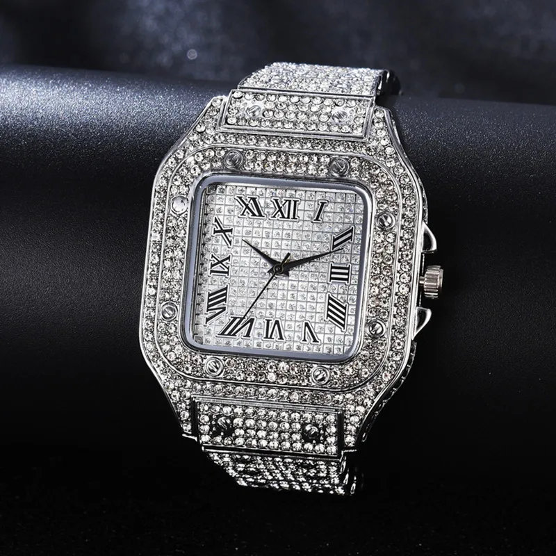Watch Necklace Bracelet for Men 3pcs Luxury Iced Out Watch Men Bling Cuban Chains Fashion Jewelry Square Pendant Mens Gold Watch