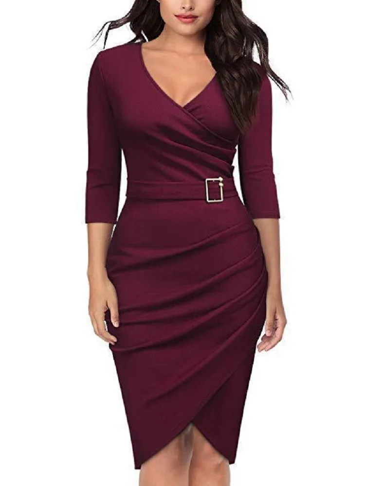 Women elegant cotton dresses working office dress long sleeves V-tie belt Slim pure colors V back classic desgin ladies dresses