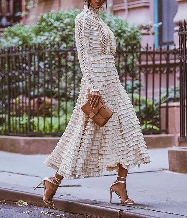 cream pleated midi dress