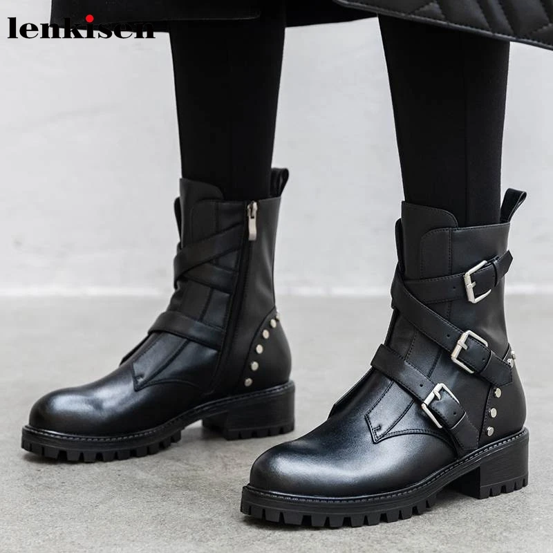 

Lenkisen genuine leather motorcycles boots handsome buckle straps rivets rock med heels winter keep warm women ankle boots L33