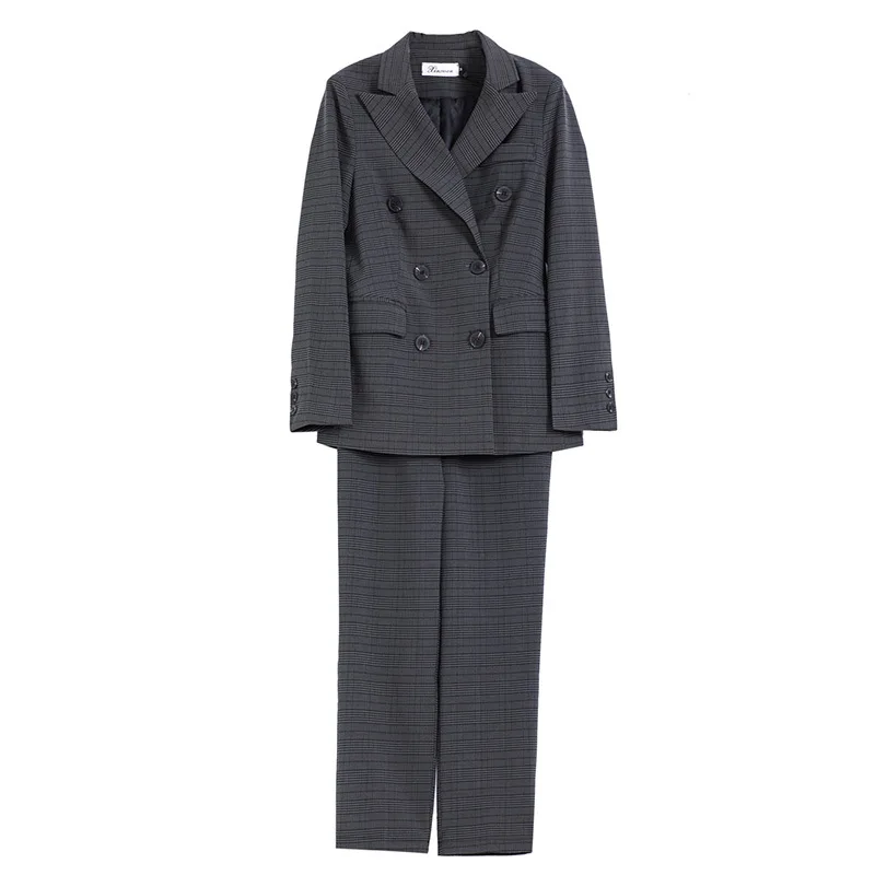 High Quality Professional Women's Suit Pants 2021 Autumn New Double-breasted Slim Check Female Office Two-piece | Женская одежда