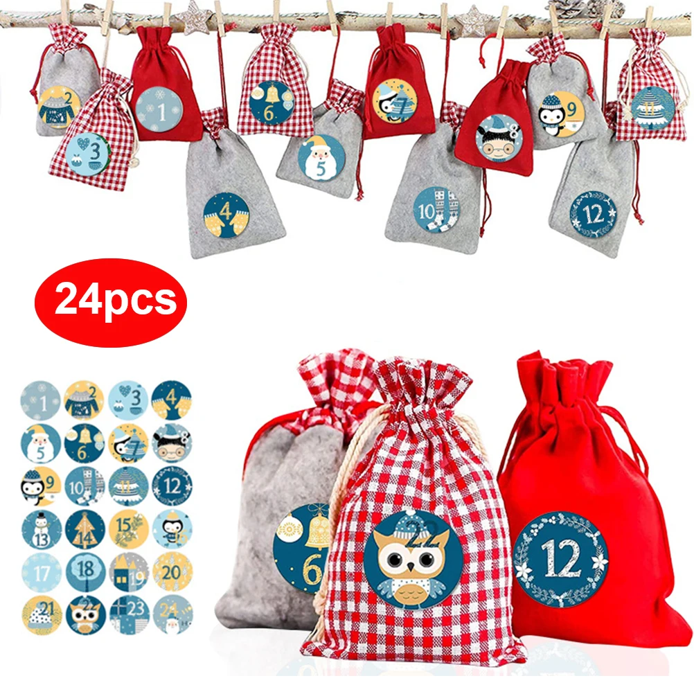 

24PCS Christmas Linen Packaging Bag Christmas Gift Bag Advent Calendar Bag Party Favor Wrapping Package for Christmas Party