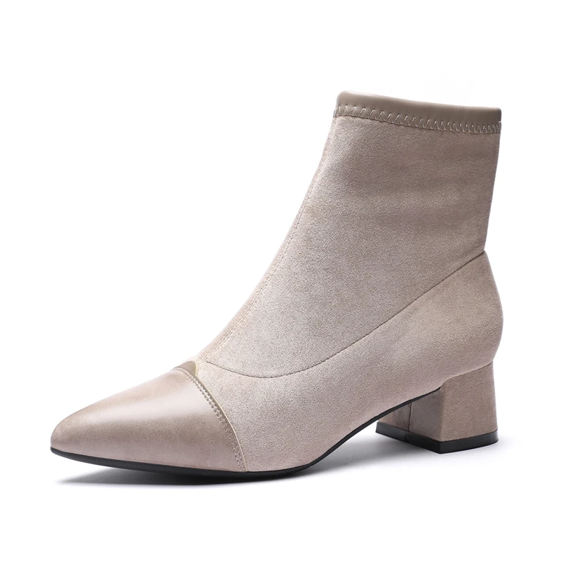

Women Boots Ankle Short Boots Flock Pointed Toe Square Heels Winter Plush Booties Woman 2019 Slip On Martin Boots Black Beige