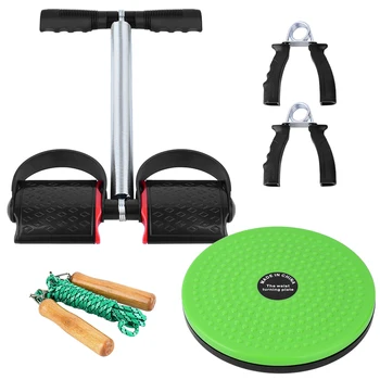 

5 PCS Fitness Set with Spring Pedal Puller Waist Twist Board Hand Grip Adjustable Jump Rope for Home Office Gym